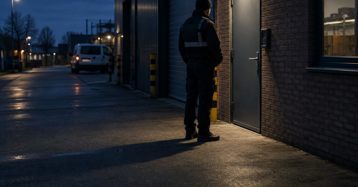 Beveiliger controleert ’s nachts de deur van een magazijn.