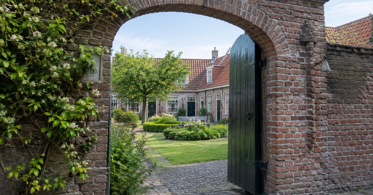 Historisch hofje met een bakstenen poort, binnentuin en huizen met rode dakpannen